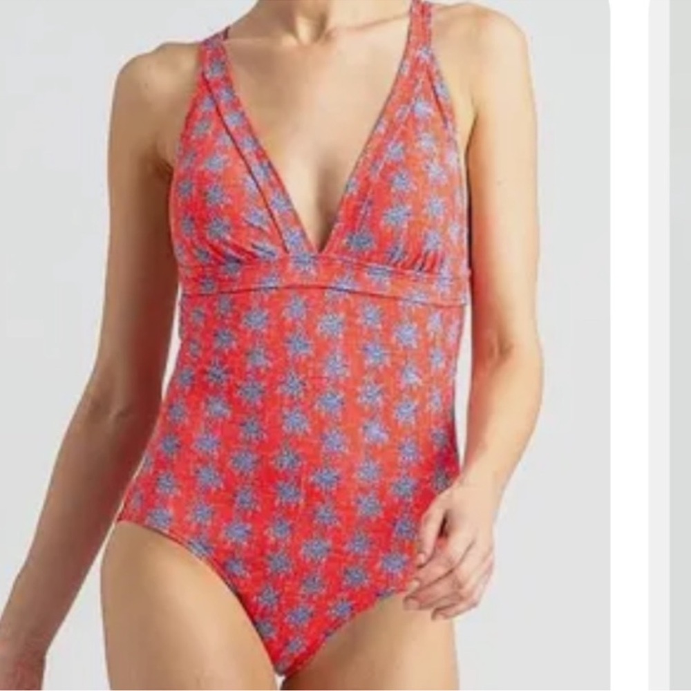 NWOT Reyn Spooner Maui red blue palm print one piece modest V neck swimsuit
